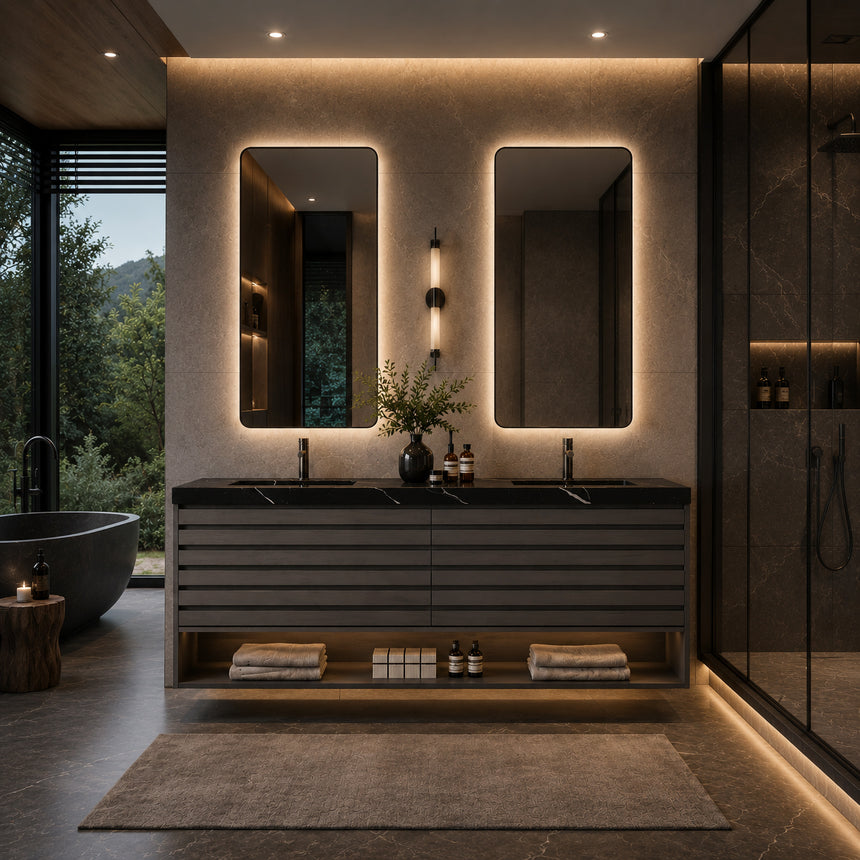 A modern floating bathroom vanity with a light oak wood finish, a white countertop, and an integrated sink, shown in a styled bathroom setting with a bathtub, shower glass, and decorative plants.