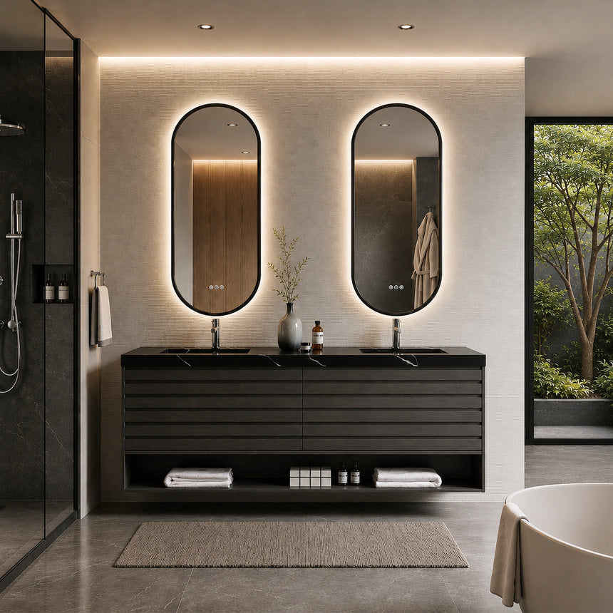 A modern floating bathroom vanity with a light oak wood finish, a white countertop, and an integrated sink, shown in a styled bathroom setting with a bathtub, shower glass, and decorative plants.
