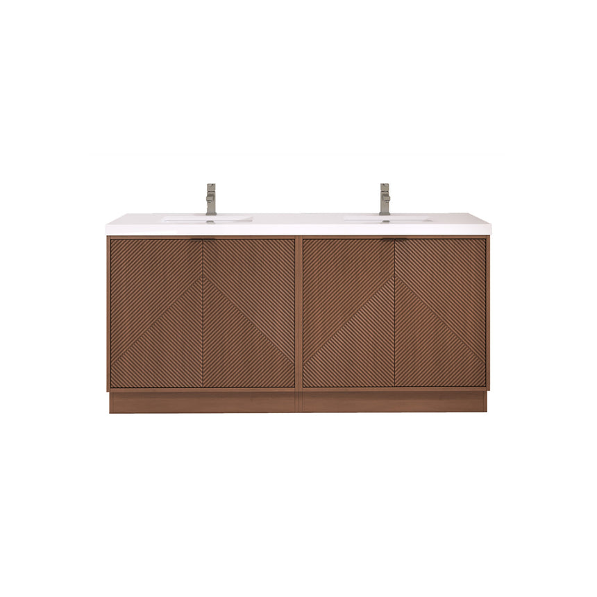 Bathroom vanity with wooden cabinets and decorative elements