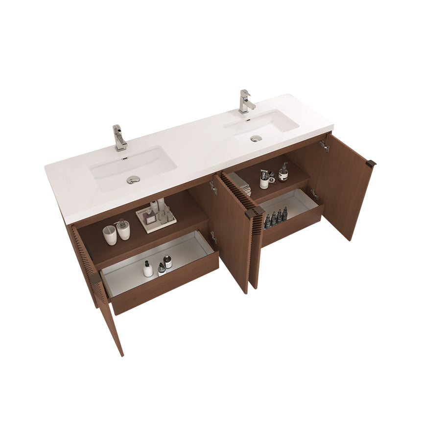 Bathroom vanity with wooden cabinets and decorative elements