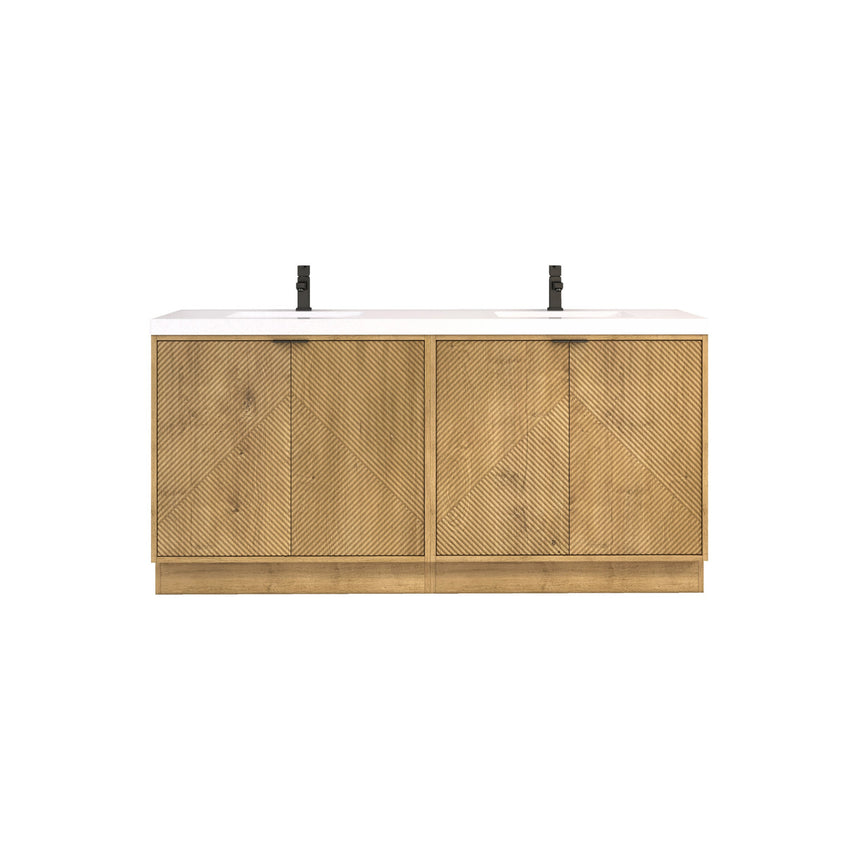 Bathroom vanity with wooden cabinets and decorative elements