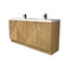Wooden bathroom vanity with white countertop and black fixtures on a white background