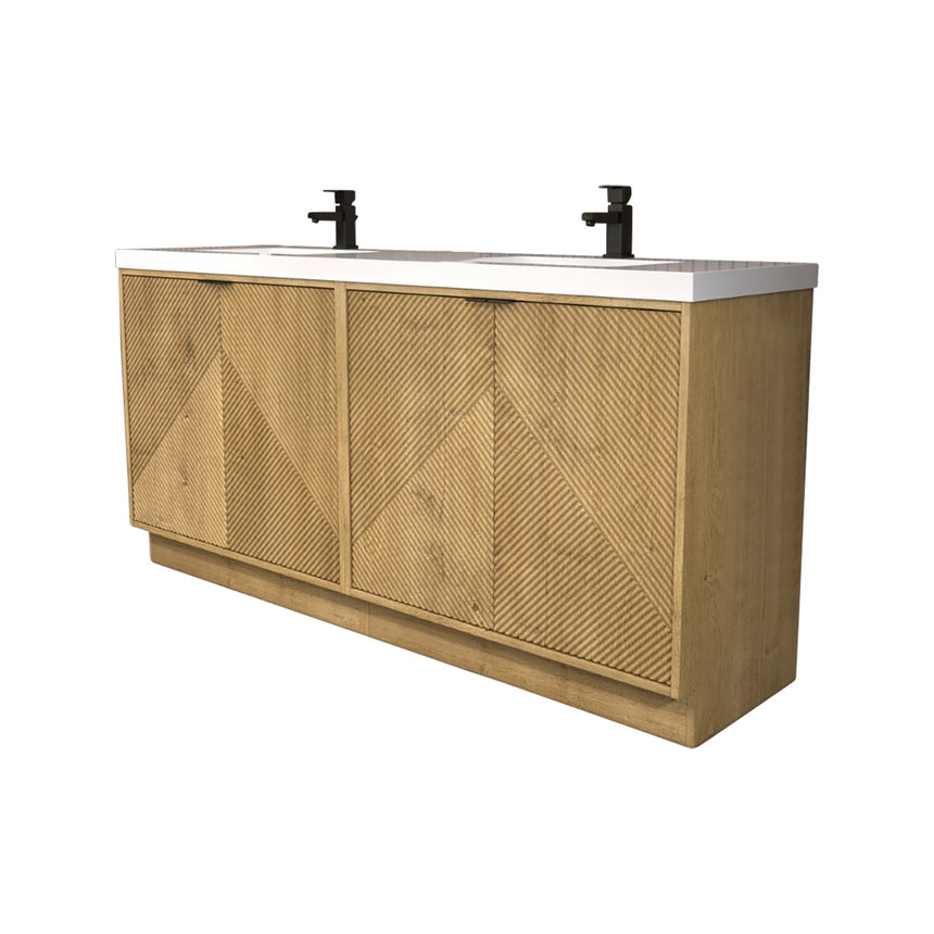 Bathroom vanity with wooden cabinets and decorative elements