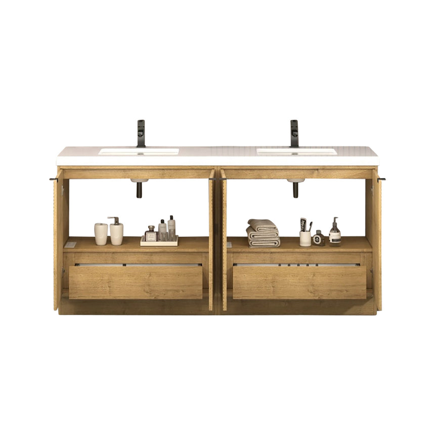 Bathroom vanity with wooden cabinets and decorative elements