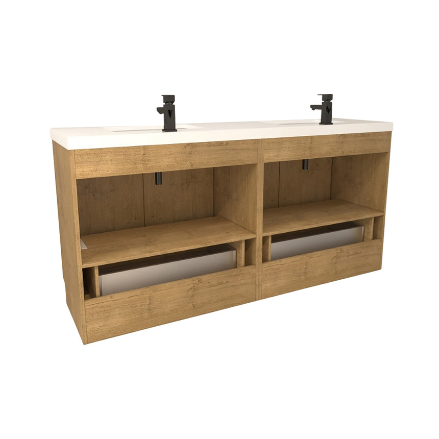 Bathroom vanity with wooden cabinets and decorative elements