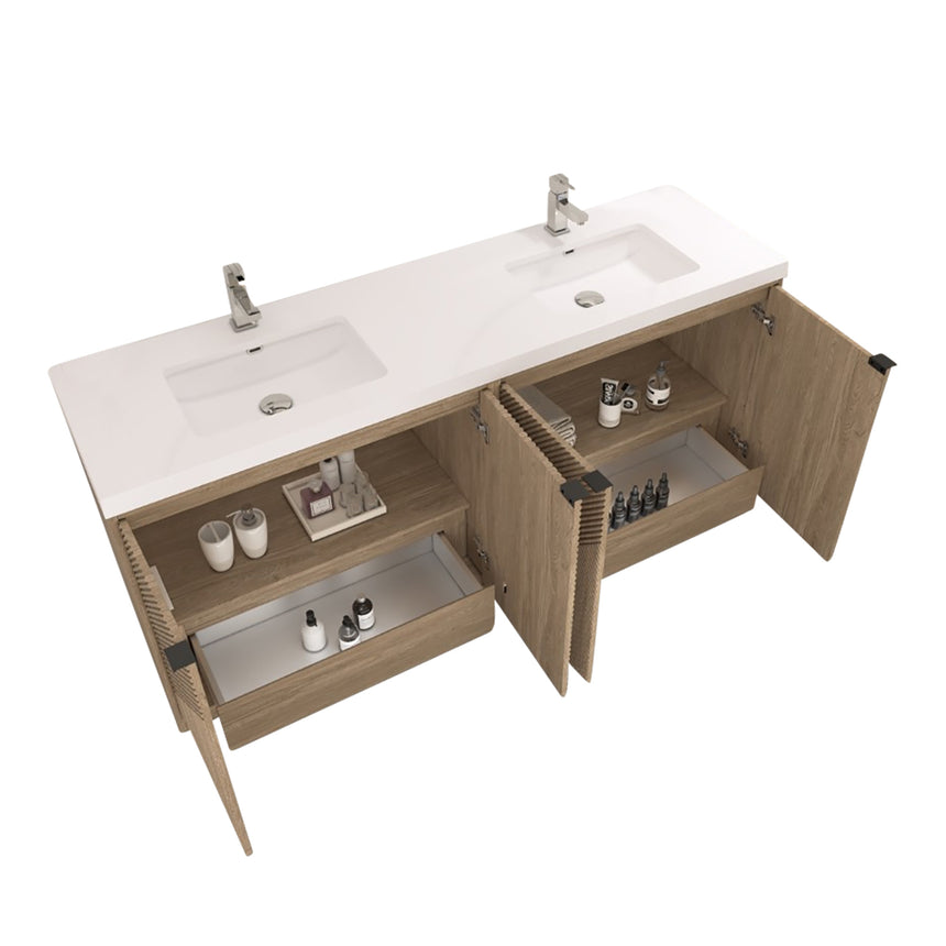 Bathroom vanity with wooden cabinets and decorative elements