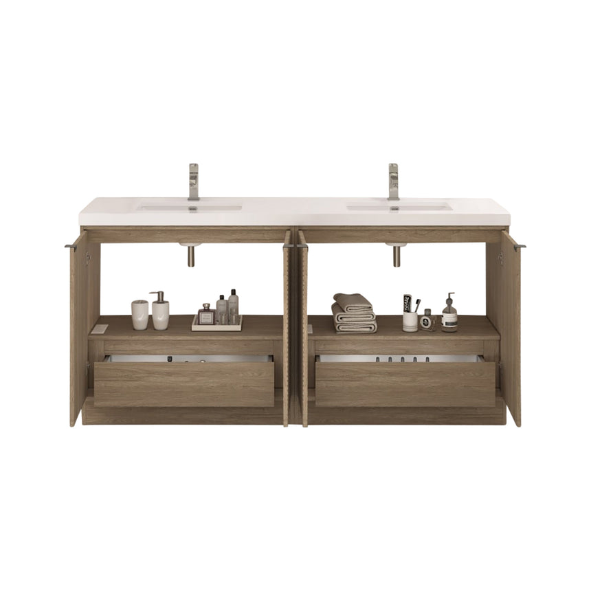 Bathroom vanity with wooden cabinets and decorative elements