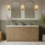 Mid-Century Modern Bathroom vanity with wooden cabinets, mirrors, and decorative elements.