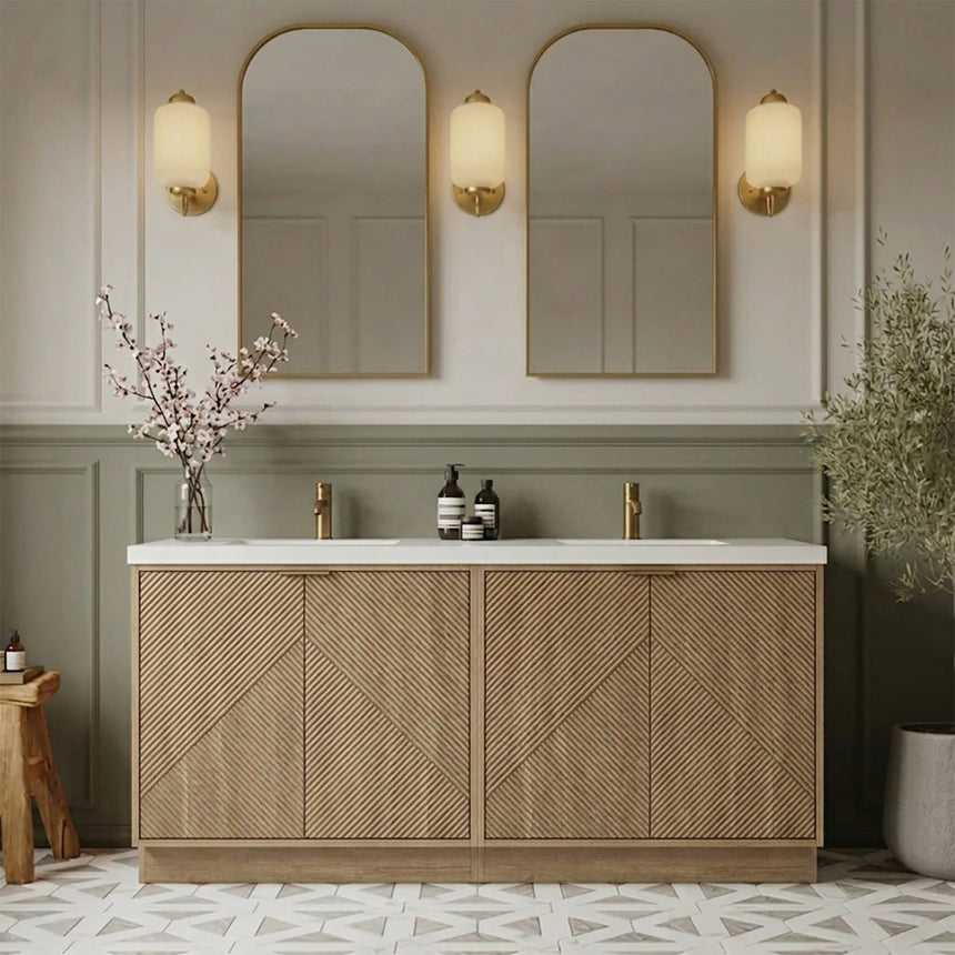 Bathroom vanity with wooden cabinets and decorative elements
