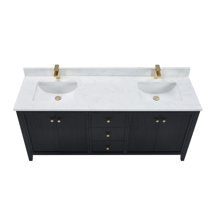 Bathroom vanity with double sink, mirrors, and towels in a well-lit room.