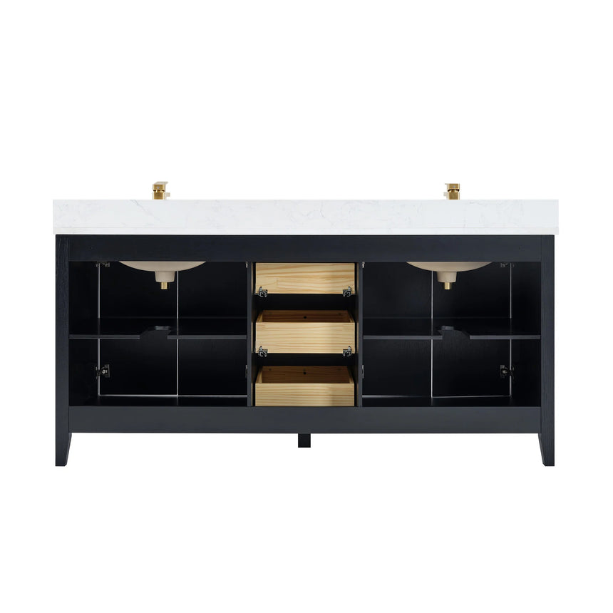 Bathroom vanity with double sink, mirrors, and towels in a well-lit room.