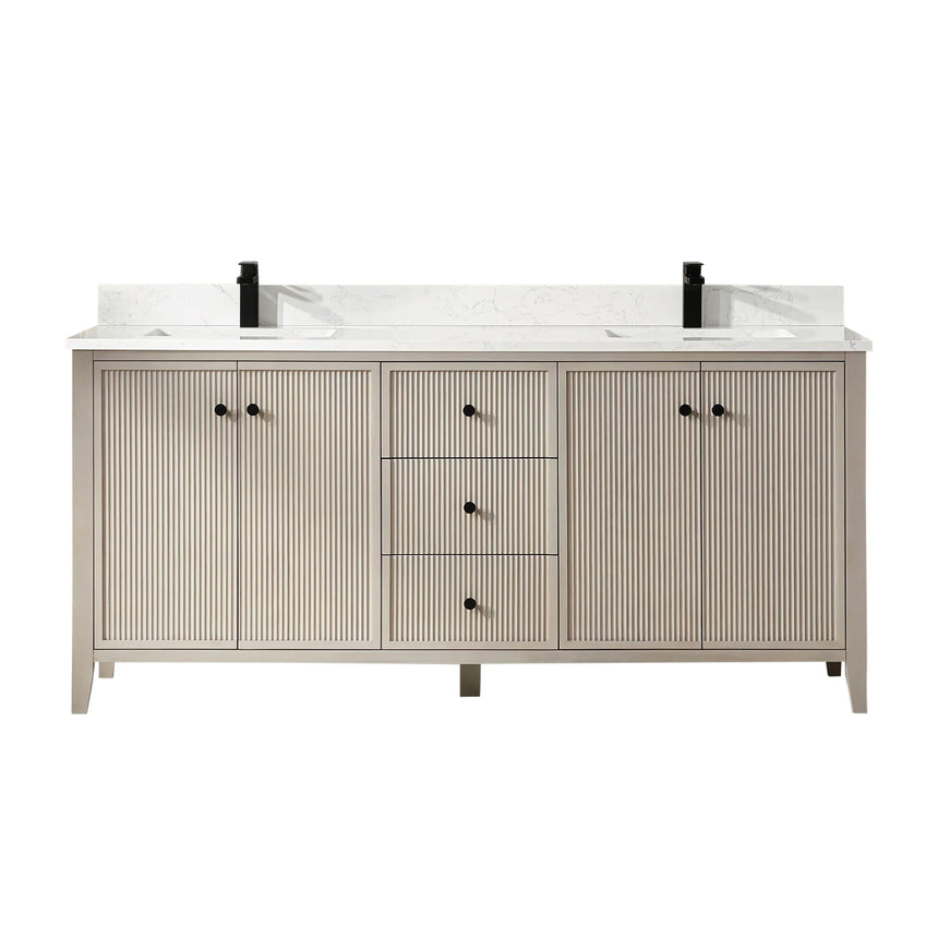 Bathroom vanity with double sink, mirrors, and towels in a well-lit room.