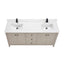 Bathroom vanity with white countertop and double sink on a white background