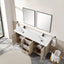 Bathroom vanity with double sink, mirrors, and storage cabinets.