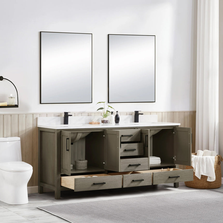 Bathroom vanity with wooden cabinets and white countertop, featuring a toilet and towel on the side.