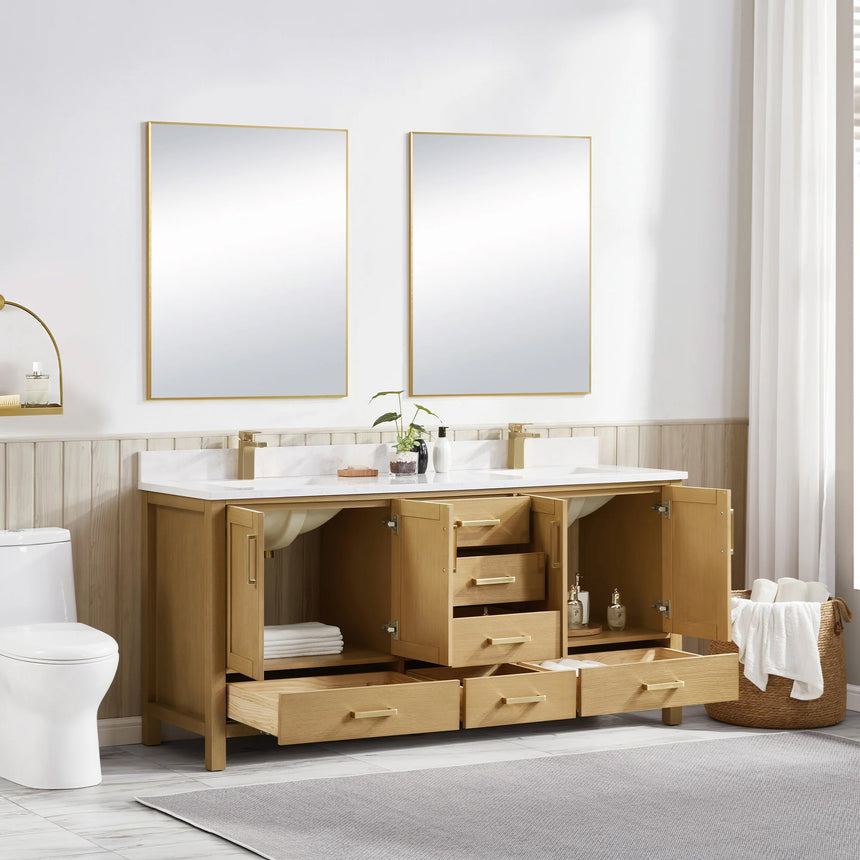 Bathroom vanity with wooden cabinets and white countertop, featuring a toilet and towel on the side.