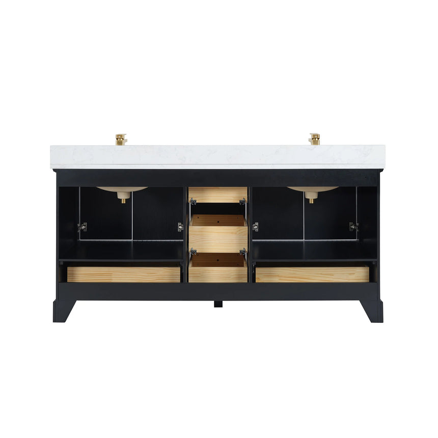 Bathroom vanity with wooden cabinet and white countertop in a bathroom setting.