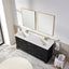 Bathroom vanity with black cabinet, white countertop, and gold fixtures.