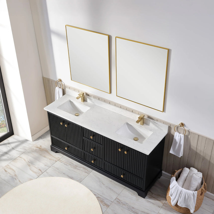 Bathroom vanity with wooden cabinet and white countertop in a bathroom setting.