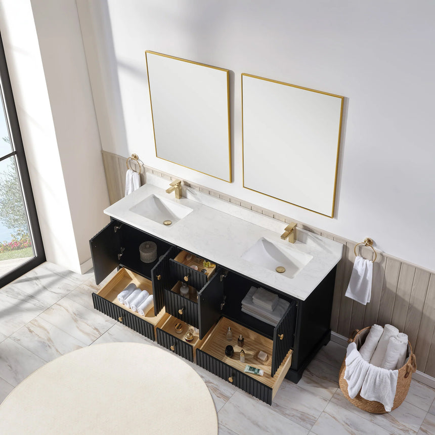 Bathroom vanity with wooden cabinet and white countertop in a bathroom setting.