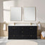 Bathroom vanity with black cabinet, white countertop, and gold fixtures.