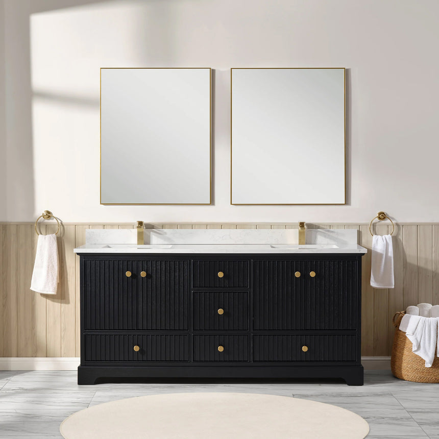 Bathroom vanity with wooden cabinet and white countertop in a bathroom setting.