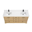 Bathroom vanity with double sink and wooden finish on a white background