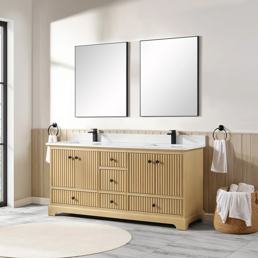 Bathroom vanity with wooden cabinet and white countertop in a bathroom setting.