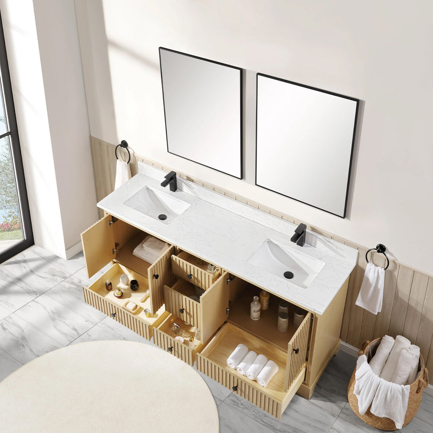 Bathroom vanity with wooden cabinet and white countertop in a bathroom setting.