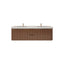 Bathroom vanity with wooden finish and white countertop on a white background