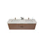 Bathroom vanity with two sinks and a textured wooden finish on a white background