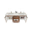 Bathroom vanity with open cabinet doors on a white background