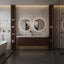 Modern bathroom design with rich wood vanity, white marble wall, rounded LED Mirror, glass shower door, and free-standing bathtub.