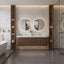 Modern bathroom with a double vanity, round mirrors, and shelves.