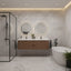 Modern bathroom with a double vanity, round mirrors, and a bathtub.