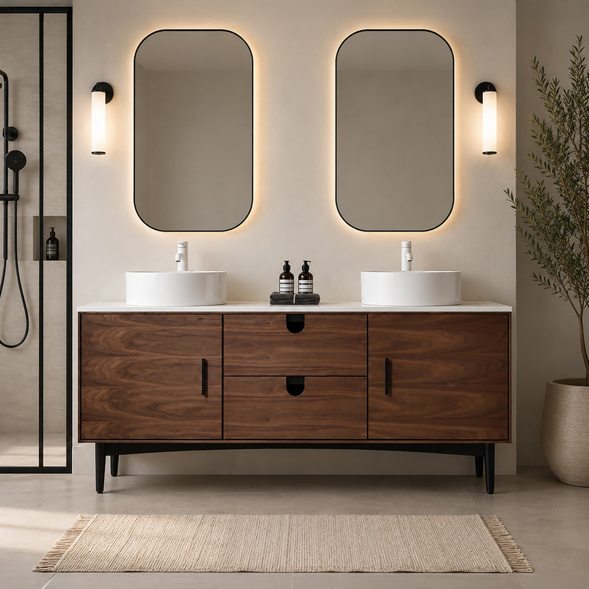 Bathroom vanity with two sinks, mirrors, and decorative elements.