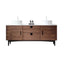 Wooden bathroom vanity with white countertop and sinks on a white background