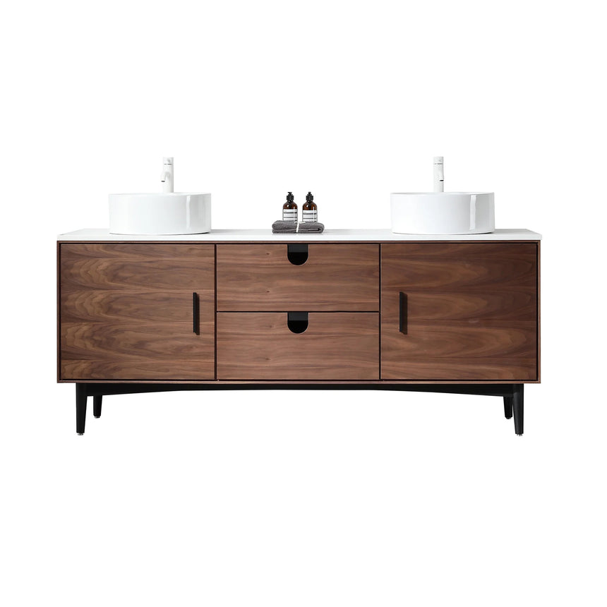 Bathroom vanity with two sinks, mirrors, and decorative elements.