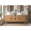 Bathroom vanity with two sinks, mirrors, and decorative elements.