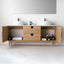 Bathroom vanity with open cabinets, white sinks, and toiletries on a light gray background