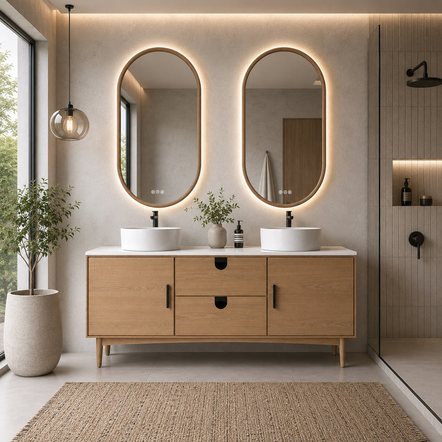 Bathroom vanity with two sinks, mirrors, and decorative elements.