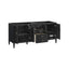 Black sideboard with open doors and drawers on a white background