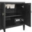 Black wooden cabinet with open door revealing a safe inside on a white background