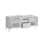 White vanity with open doors on a white background