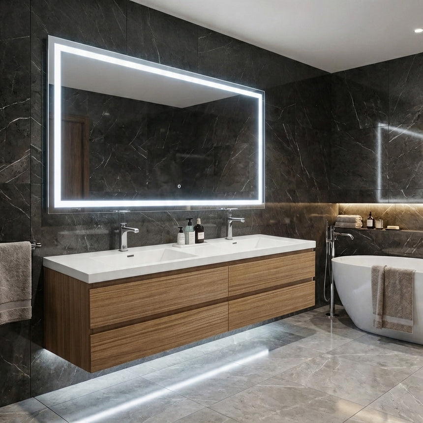 Bathroom mirror with LED lighting on a concrete wall.