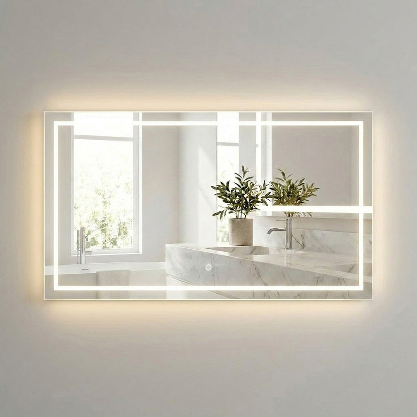 Bathroom mirror with LED lighting on a concrete wall.
