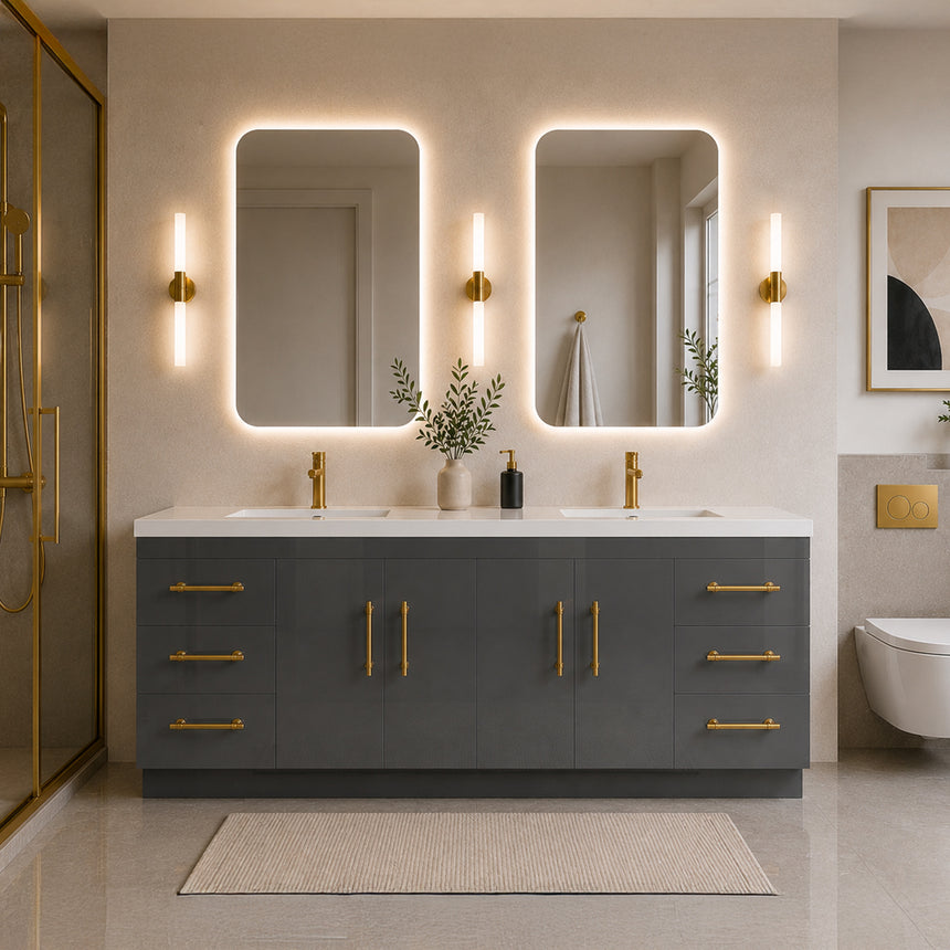Bathroom with wooden vanity, sink, and decorative elements.