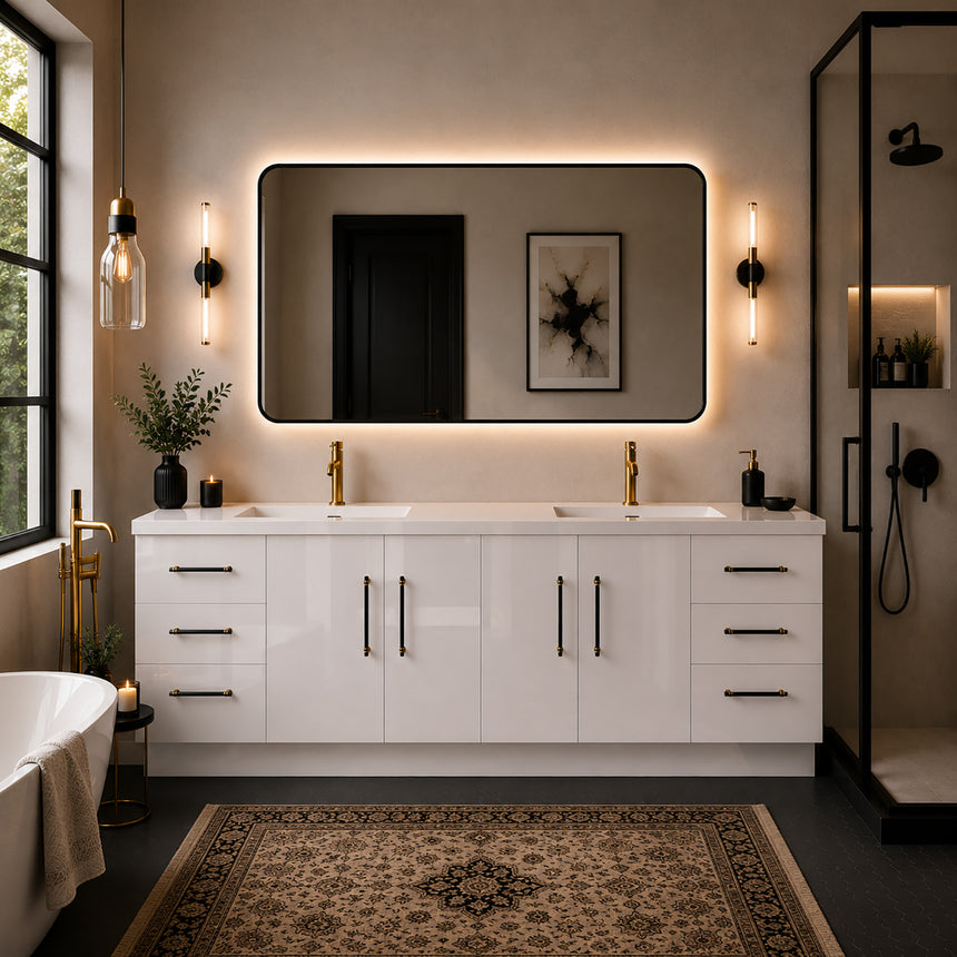 Bathroom with wooden vanity, sink, and decorative elements.