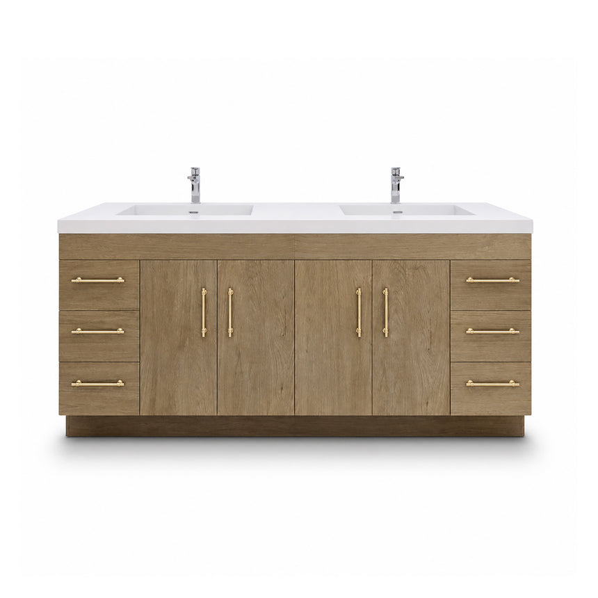 Bathroom with wooden vanity, sink, and decorative elements.