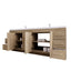 Bathroom vanity with open doors and shelves on a white background
